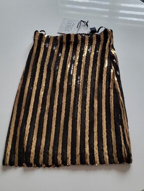 NWT Revamped Black & Gold Striped Sequin Pencil Skirt, Sz XS